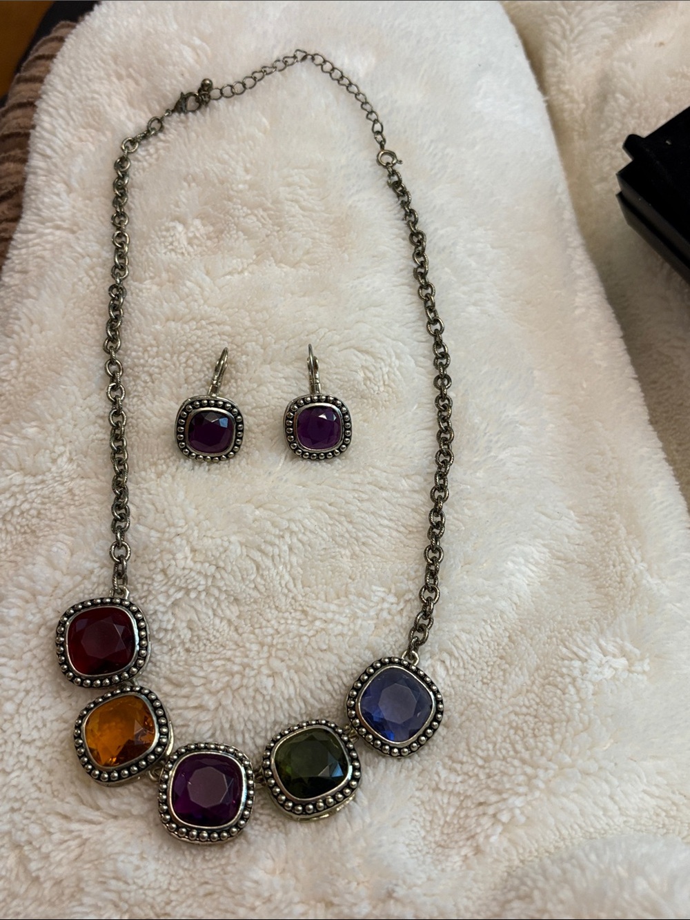Multi-Color Stones/glass Statement Necklace & Pierced  Earring Set New Old Stock